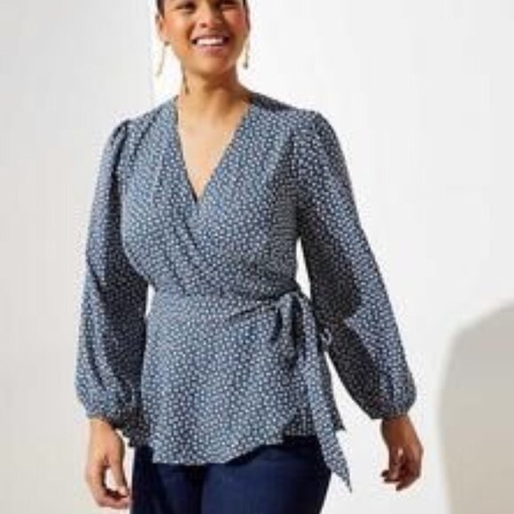 Loft Plus Long Sleeve Daisy Print Flower Wide Flowy Wrap Top Shirt Blouse 24W - Picture 1 of 5